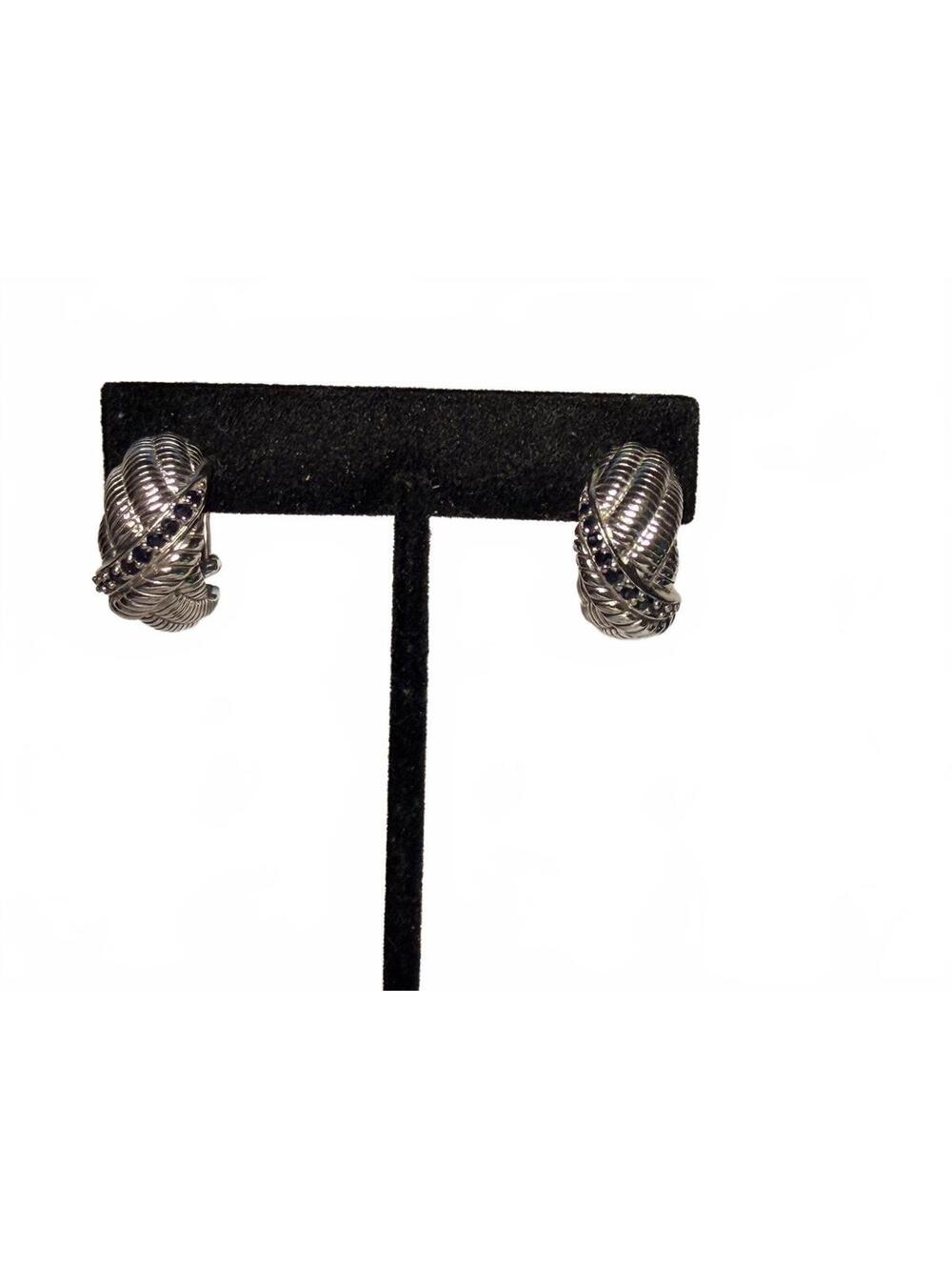 Judith Ripka Sterling Silver Wide Hoop Pierced Earrings with Black Stones